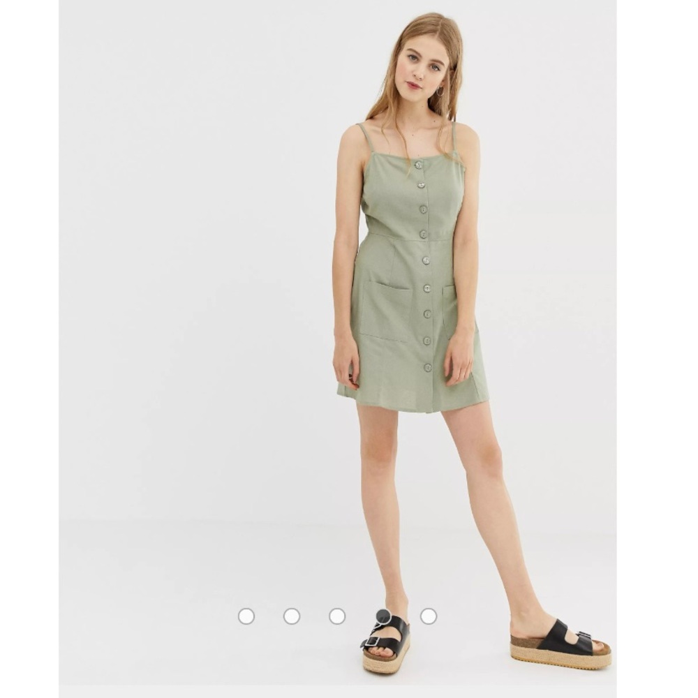 ASOS Button Through Linen Mini Sundress in Forest Green